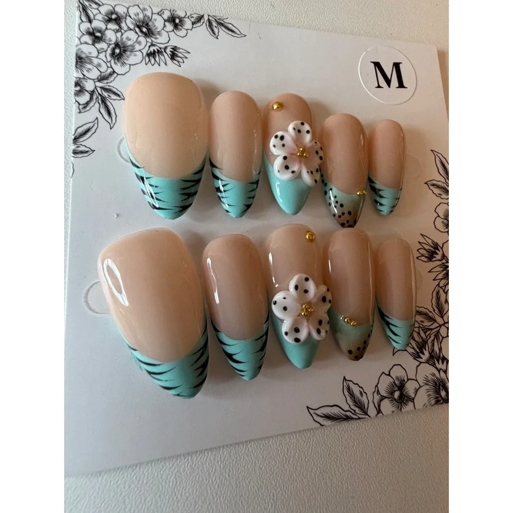 Mint Green 3D Floral & Tiger Stripe Press On Nails Set Size M Handmade